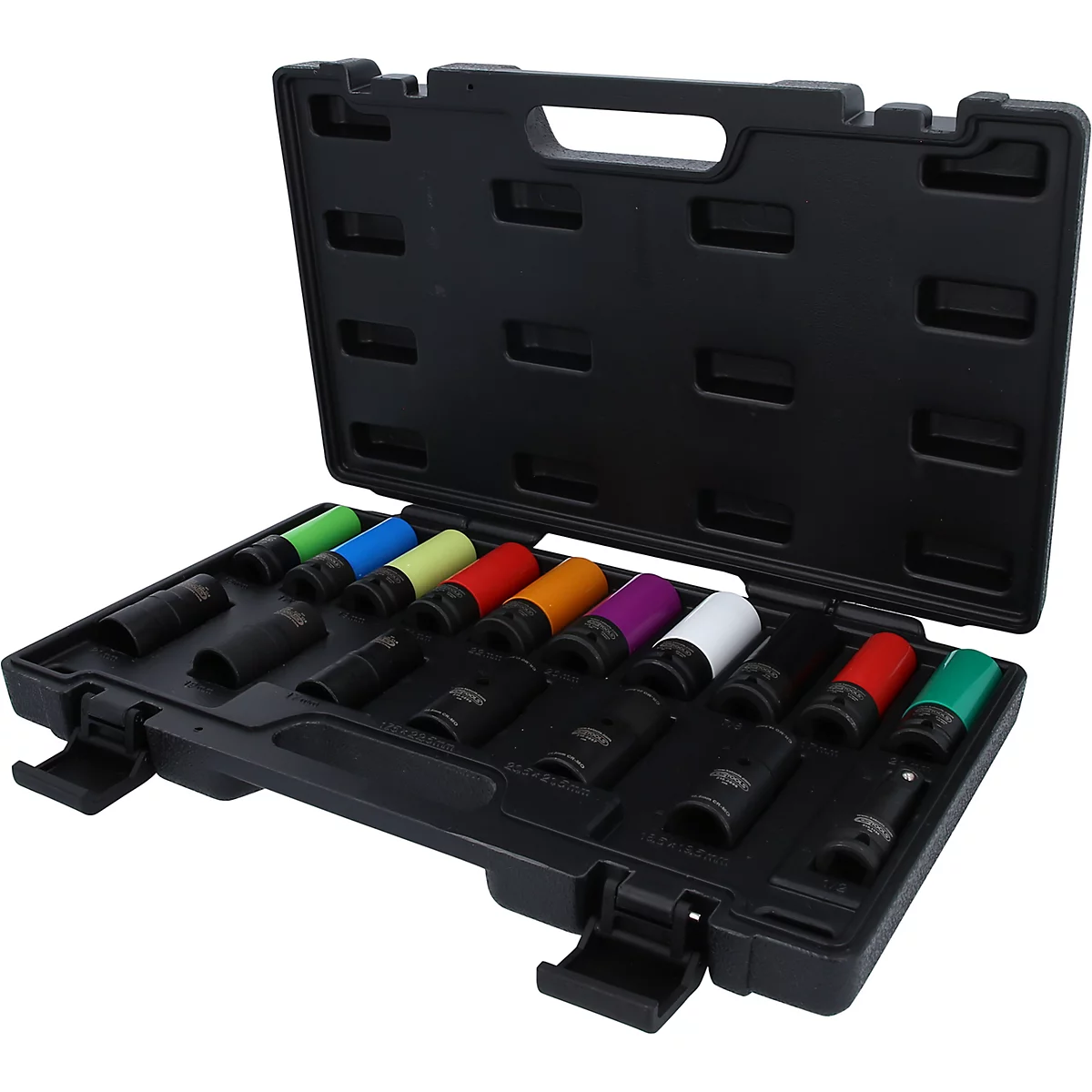 Schwarzer Werkzeugkasten mit farbigen Steckschlüsseln. Der Deckel ist geöffnet.